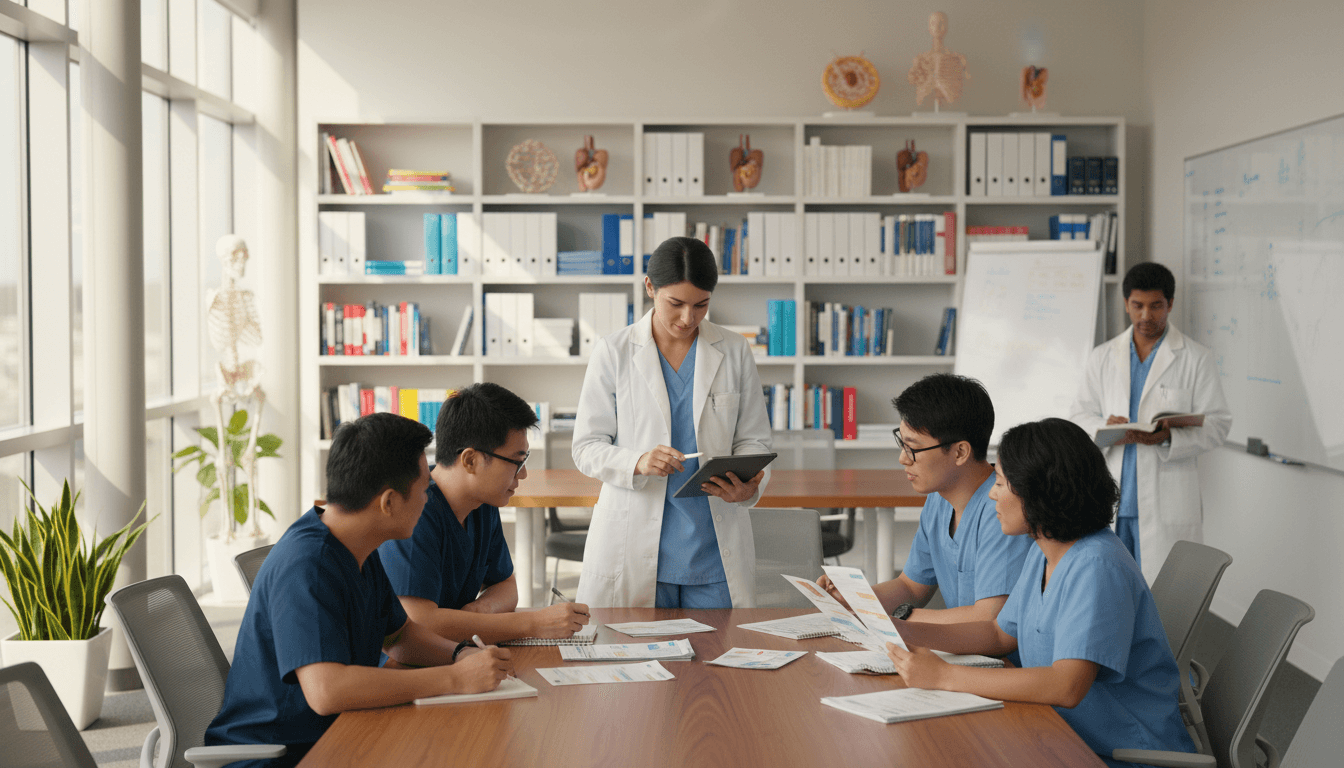 Diverse healthcare team collaborating and reviewing medication information at tablet in modern medical education workspace Diverse healthcare team collaborating and reviewing medication information at tablet in modern medical education workspace
